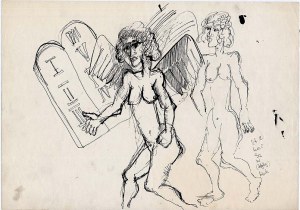 Jerzy Piotrowicz: Anioły II, rysunek tusz ołówek 1985 cykl: Anioły Wildeckie 30x42 cm