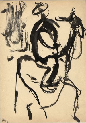Norbert Skupniewicz: Kompozycja bez tytułu, postać na osiołku rys. tusz 1966 42x30 cm