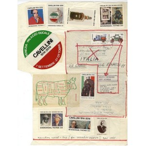 Guglielmo Achille Cavellini: Operation round-trip 1985, kolaż 38x30 cm mail art