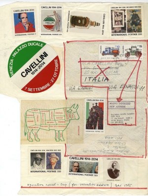 Guglielmo Achille Cavellini: Operation round-trip 1985, kolaż 38x30 cm mail art