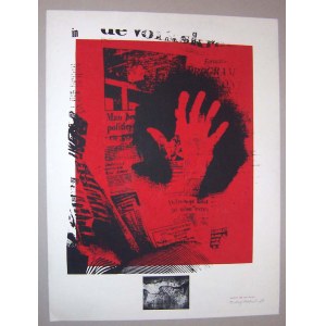 Albert van der Weide: Untitled composition newspaper and hand, color serigraph 1981 66x50 cm