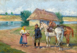 Jerzy Kossak (1886 Kraków – 1955 tamże) Scena rodzajowa z ułanem, 1947 r.