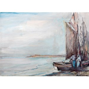 Marian Mokwa (1889 Malary – 1987 Sopot) Kutry rybackie przy brzegu