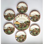 ĆMIELÓW. Set of 7 porcelain plates with oriental, Japanese motif.