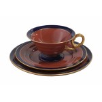 KADYNY. Breakfast set: cup, saucer, plate, BRG (blau-rot-gold) style.