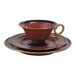 KADYNY. Breakfast set: cup, saucer, plate, BRG (blau-rot-gold) style.