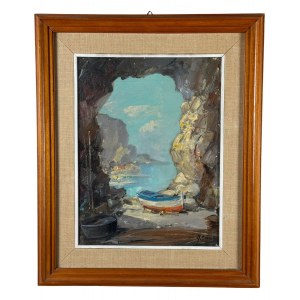 UNIDENTIFIED SIGNATURE, Seaside view with a boat on dry land