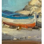 UNIDENTIFIED SIGNATURE, Seaside view with a boat on dry land