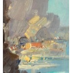 UNIDENTIFIED SIGNATURE, Seaside view with a boat on dry land