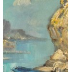 UNIDENTIFIED SIGNATURE, Seaside view with a boat on dry land