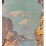 UNIDENTIFIED SIGNATURE, Seaside view with a boat on dry land