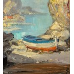 UNIDENTIFIED SIGNATURE, Seaside view with a boat on dry land