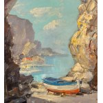 UNIDENTIFIED SIGNATURE, Seaside view with a boat on dry land