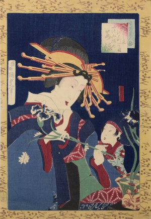 Utagawa KUNISADA II (1823-1880), Kurtyzana Edomachi układająca kwiaty irysów z serii „Ikiutsushi bijin kurabe”;