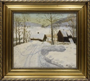 Broncia PINELL-KOLLER (1863-1934), Pejzaż zimowy z wiejskimi chatami, 1933