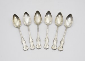 Teodor WERNER and Ska (heir of Malcz, company active until 1939), Set of 6 legume spoons with Jastrzębiec coat of arms