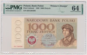 DRUK PRÓBNY Miasta Polskie 1.000 złotych 1965 - duży format, znak wodny i powtórzony nominał