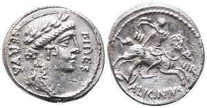 A. Licinius Nerva, denár, Řím, asi 47 př. n. l.; AR (3,93 g; 18 mm; 10 h)