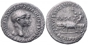 Nero (54-68), s Agrippinou II, denár, Řím, 55; AR (3,49 g; 18,8 mm; 3 h)