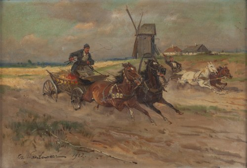 Czesław Wasilewski (1875 Warszawa - 1947 Łódź), Pędzące zaprzęgi, 1927