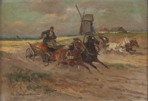 Czesław Wasilewski (1875 Warszawa - 1947 Łódź), Pędzące zaprzęgi, 1927