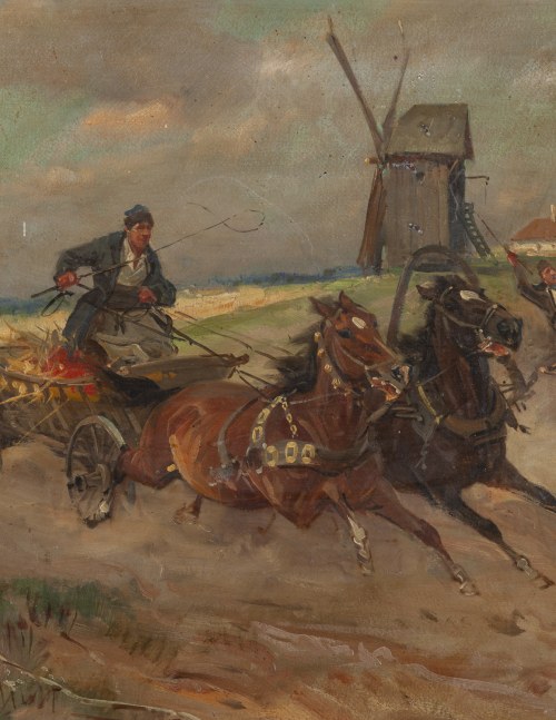 Czesław Wasilewski (1875 Warszawa - 1947 Łódź), Pędzące zaprzęgi, 1927