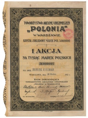 POLONIA Insurance Company, 1,000 mkp 1922