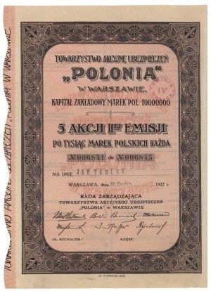 POLONIA Versicherungsgesellschaft, Em.2, 5x 1.000 mkp 1922