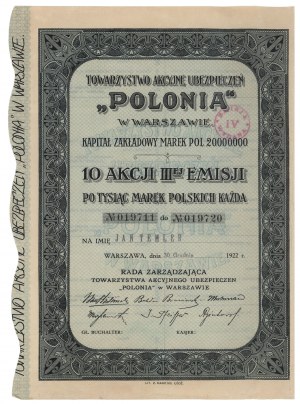 POLONIA Versicherungsgesellschaft, Em.3, 10x 1.000 mkp 1922