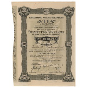 Compagnie d'assurance VITA, certificat provisoire 1.000 mk 1919