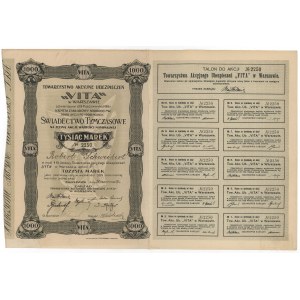 Compagnie d'assurance VITA, certificat provisoire 1.000 mk 1919