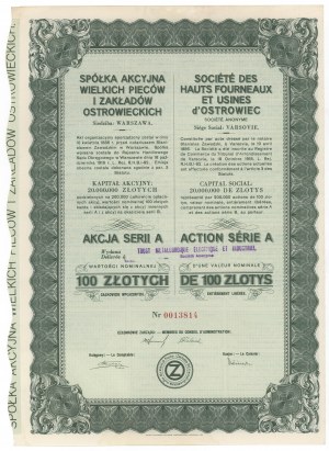 Spółka Akc. Wielkich Pieców i Zakładów Ostrowieckich, 100 zloty, série A - personnalisé, timbré