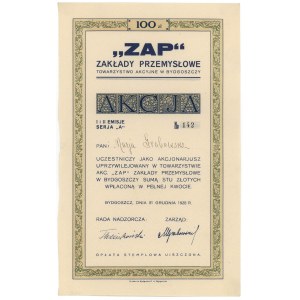 ZAP Zakłady Przemysłowe w Bydgoszczy, Em.1-2, Ser.A, 100 zł 1928 - imienna