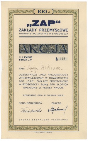 ZAP Zakłady Przemysłowe w Bydgoszczy, Em.1-2, Ser.A, 100 zloty 1928 - registered