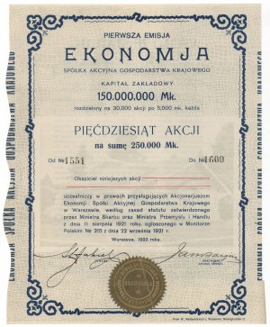 Gesellschaft Akc. Gospodarstwa Krajowego EKONOMJA, Em.1, 50x 5.000 mk 1922