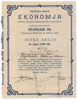 Company Akc. Gospodarstwa Krajowego EKONOMJA, Em.1, 5,000 mk 1922