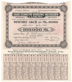 Technical and Commercial Bureau of Engineers in Lublin, Em.1, 10x 10,000 mk 1923 - registered