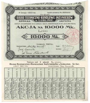 Technical and Commercial Bureau of Engineers in Lublin, Em.1, 10,000 mk 1923 - bearer