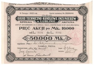 Technical and Commercial Bureau of Engineers in Lublin, Em.1, 5x 10,000 mk 1923 - registered