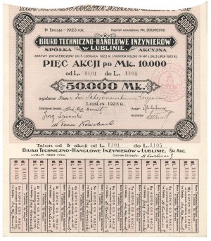 Technical and Commercial Bureau of Engineers in Lublin, Em.1, 5x 10,000 mk 1923 - registered