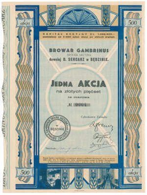GAMBRINUS brewery ex. D. Sercarz à Będzin, 500 zl 1932