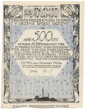 Usine de filature et de tissage de Krosno, Em.3, 25x 500 mkp 1923 - bien coloré