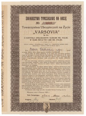 VARSOVIA Versicherungsgesellschaft, vorläufige Bescheinigung 250 mkp 1920