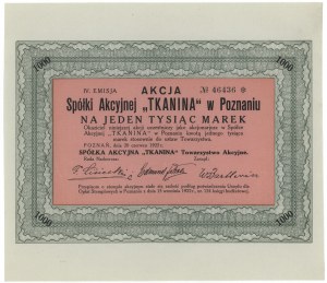 TKANINA Spółka Akc. in Poznań, Em.4, 1.000 mkp 1922