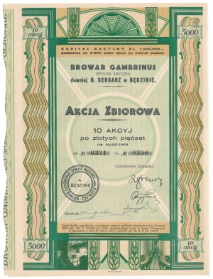 Brasserie GAMBRINUS anciennement D. SERCARZ à Bedzin, 10x 500 zl 1932