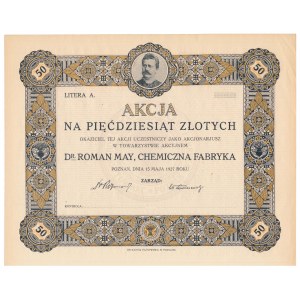 Dr. ROMAN MAY, Chemiczna Fabryka, 50 zł 1927 - blankiet bez numeru