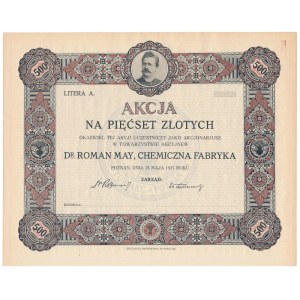 Dr. ROMAN MAY, Chemiczna Fabryka, 500 zł 1927 - blankiet bez numeru