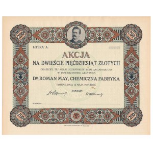 Dr. ROMAN MAY, Chemiczna Fabryka, 250 zł 1927 - blankiet bez numeru