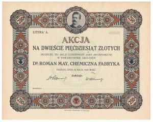 Dr. ROMAN MAY, Chemical Factory, 250 zloty 1927 - blank without number