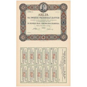 Dr. ROMAN MAY, Chemiczna Fabryka, 250 zł 1927 - blankiet bez numeru
